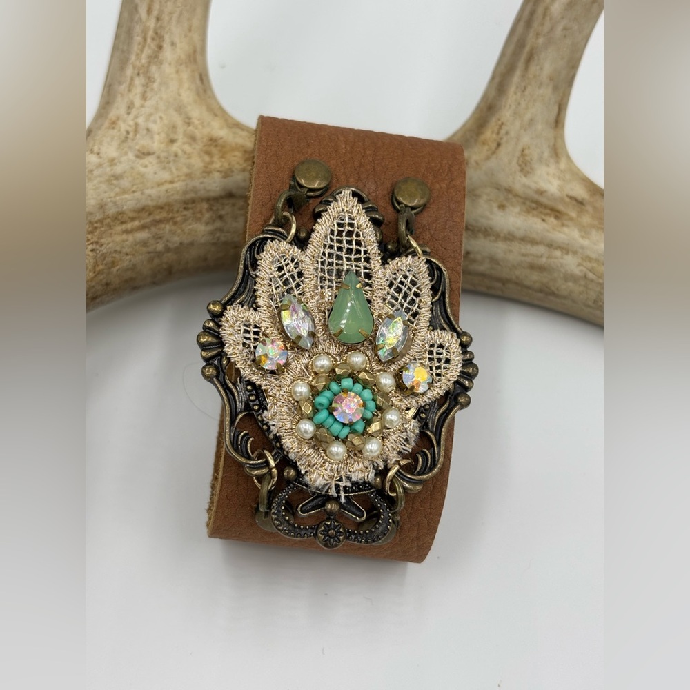 Faux Leather Brown Cuff Bracelet with Gemstone Accents and AB Crystals - Picture 2 of 8